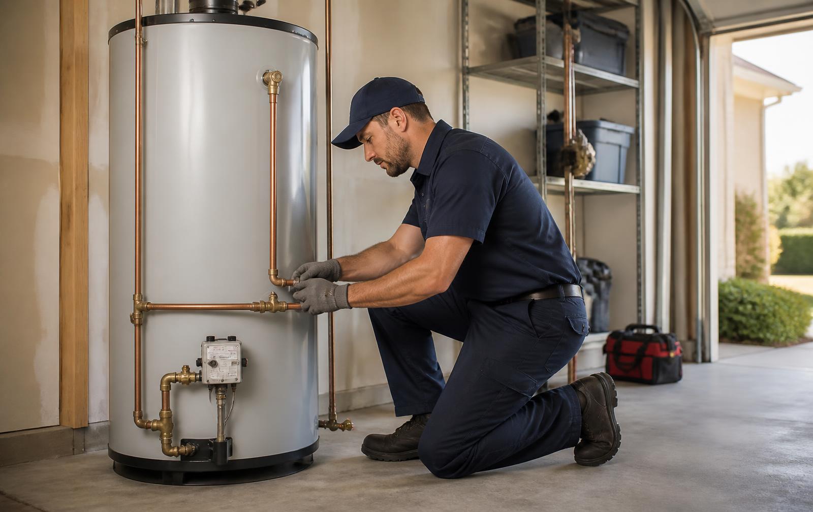 Plumbing technician connecting copper supply lines to a newly installed gas water heater in a garage